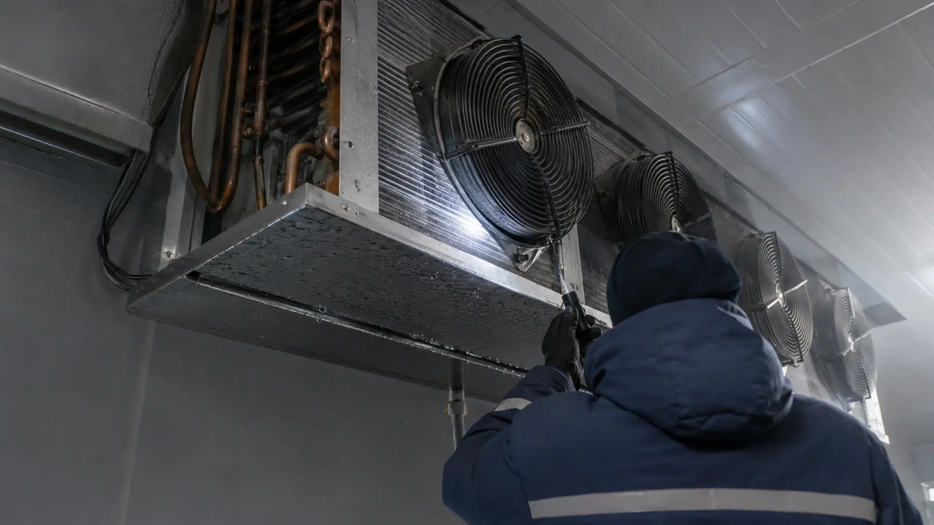 Évaporateur de chambre froide, ventilateurs et batterie givrée